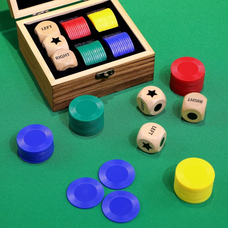 Pagather Fun Left Right Roll Dice Game Set, Include 3 1-inch Wooden Dices 48 Pcs Chips in Wooden Box, Easy to Store and Carry Around for Travel(Wood) - Image 4
